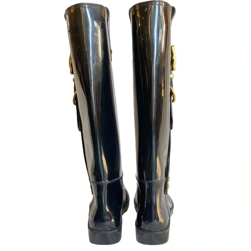 Coach Black Rubber Boots Gold Buckle Knee High 9 Concert classic‎ statment